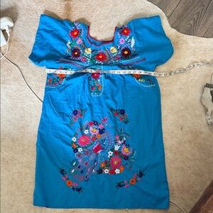 Mexican Colorful Embroidered Blue Dress
